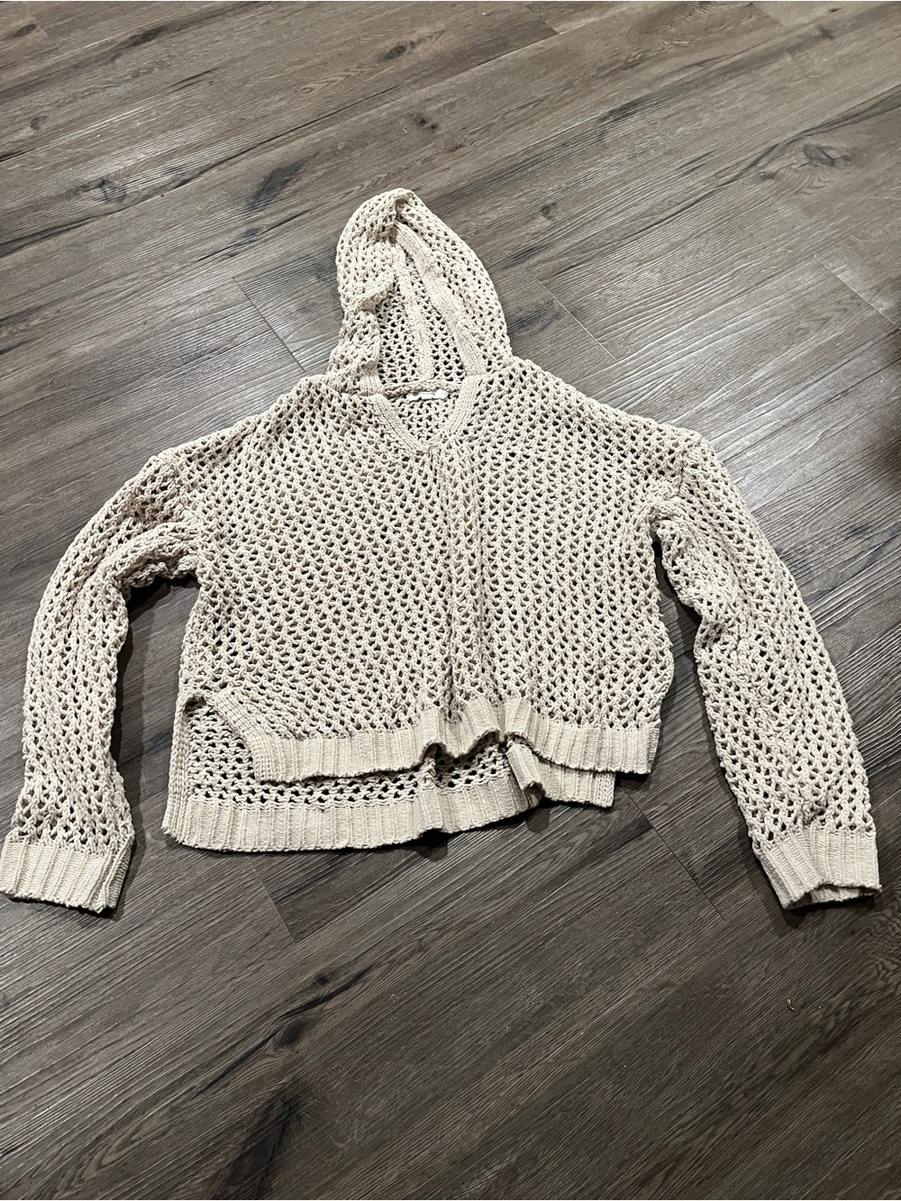 Maurices Cream Open-Knit V-Neck Hoodie Sweater